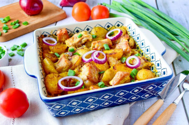 Pork baked with potatoes in the oven