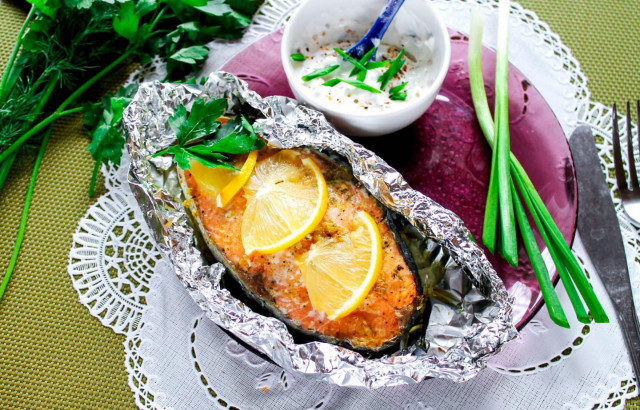 Trout steak in the oven in foil