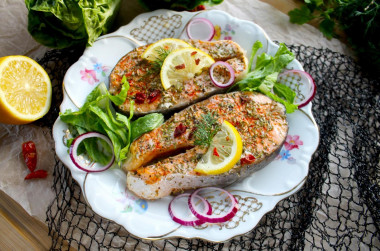 Salmon steak in the oven in foil