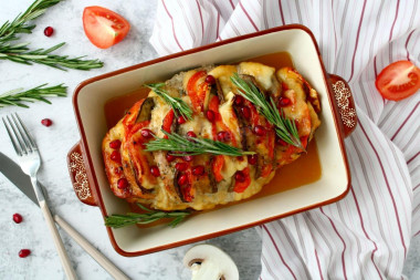 Turkey in the oven with mushrooms and cheese