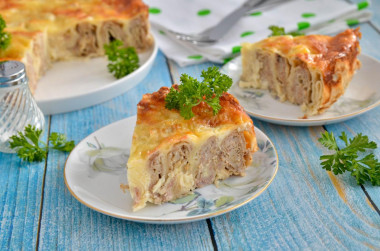 Lavash snail with minced meat in the oven pie