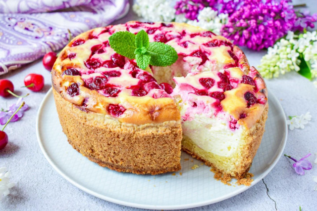 Cottage cheese pie with cherries in the oven