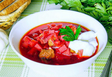 Classic hot beetroot soup with meat