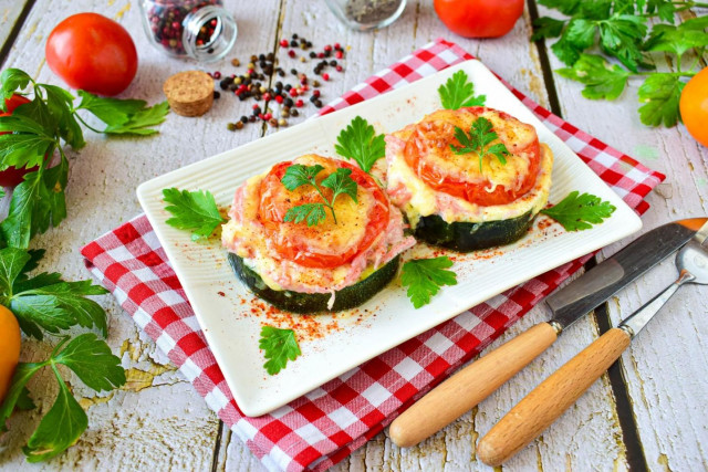 Zucchini with sausage and cheese with tomatoes in the oven