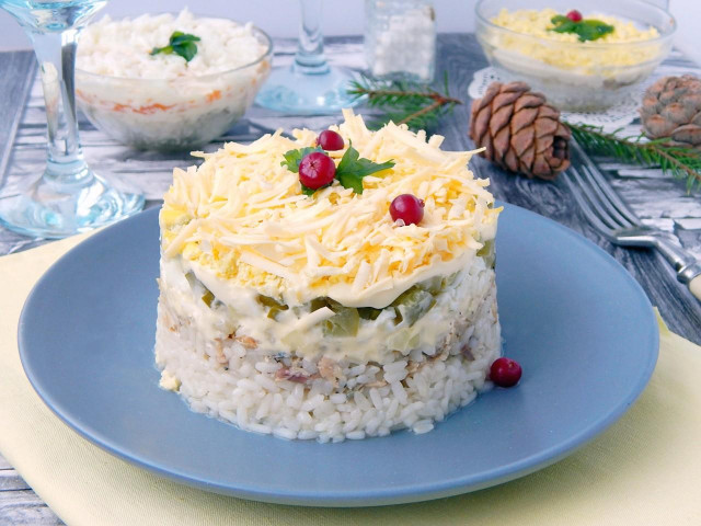 Salad with rice and canned fish layered