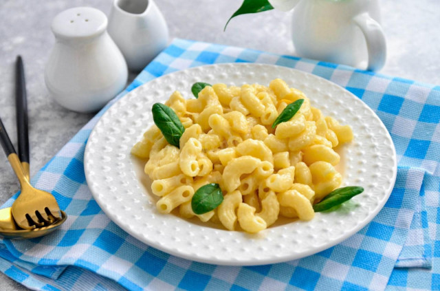 Macaroni with milk and cheese on frying pan
