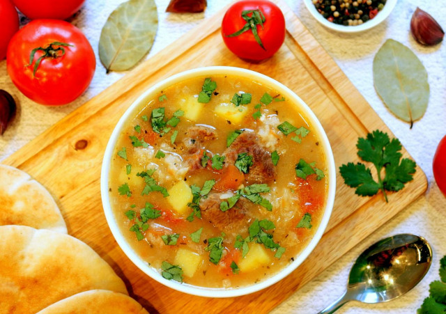 Kharcho soup with potatoes and rice