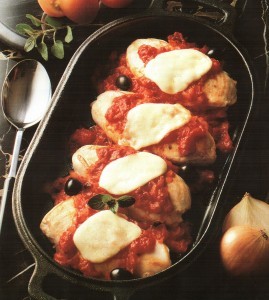 Chicken breast with tomatoes and cheese in the oven