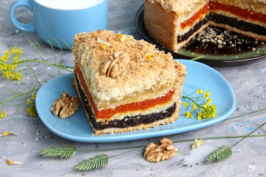 Pie with dried apricots and nuts, three-layered