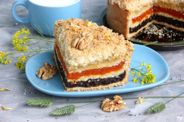 Pie with dried apricots and nuts, three-layered