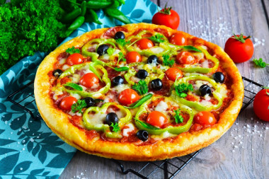 Pizza with salami and mozzarella cheese