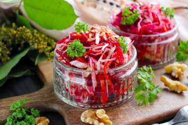 Health salad with carrots beetroot cabbage and yogurt