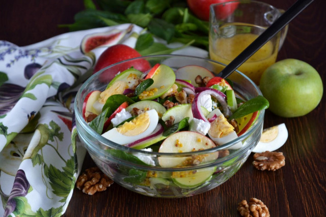 Salad with apples and cheese,  eggs with onions and nuts