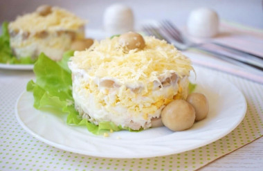 Chicken salad with mushrooms and cheese layers