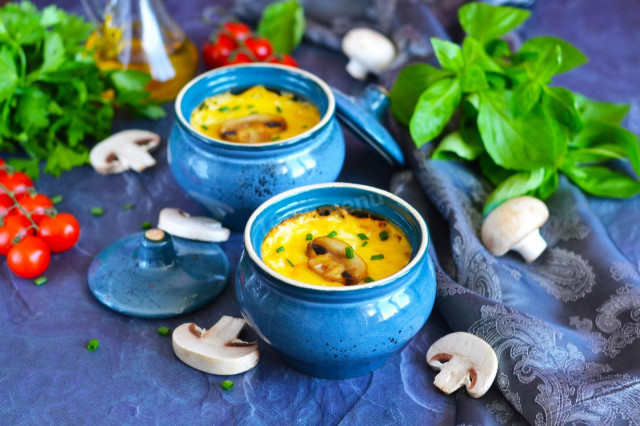Julienne with mushrooms and chicken in pots