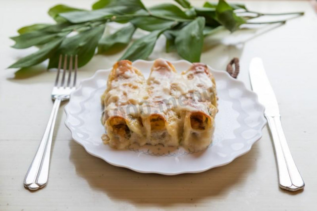 Cannelloni with chicken and mushrooms with sauce