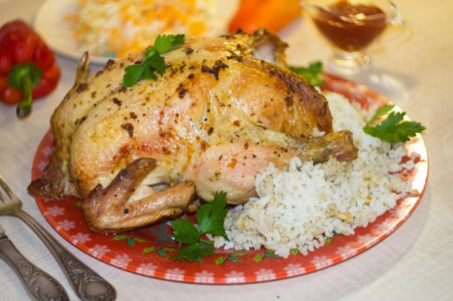 Chicken with rice inside and garlic