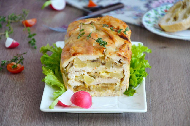 Snack cake with chicken breast and mushrooms