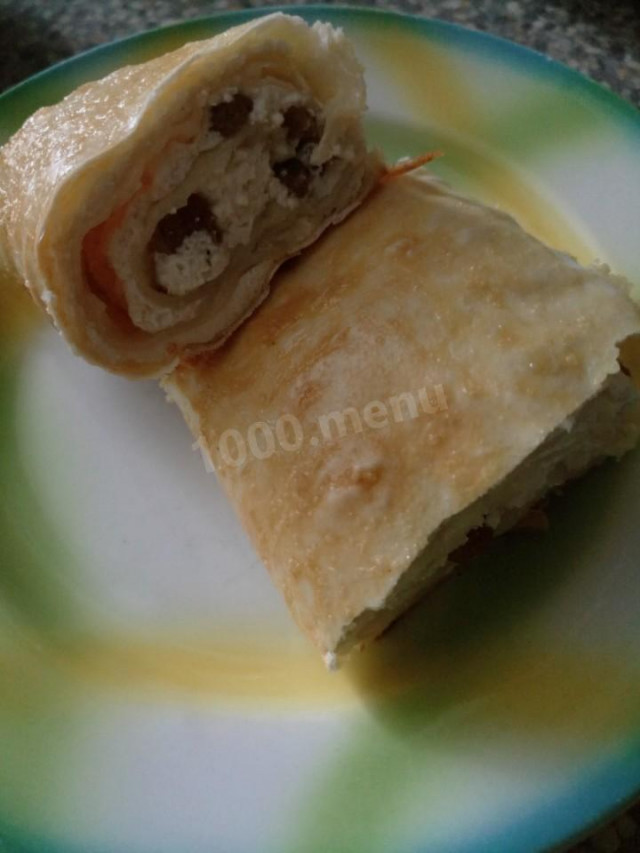 Pita bread roll with cottage cheese, raisins and honey