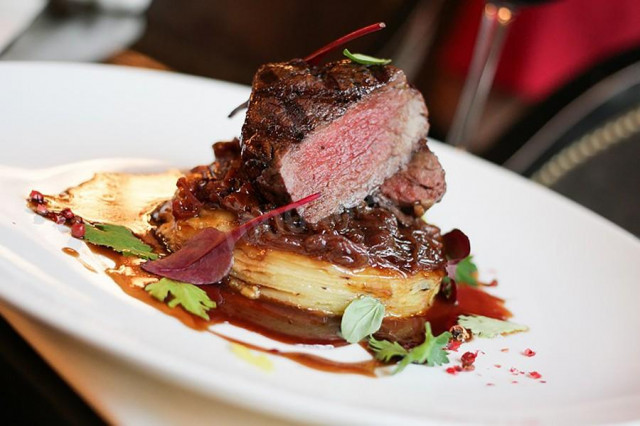 Beef fillet with potato gratin with demiglas sauce