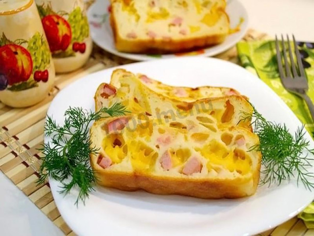 Aspic pie with cheese and sausage on kefir