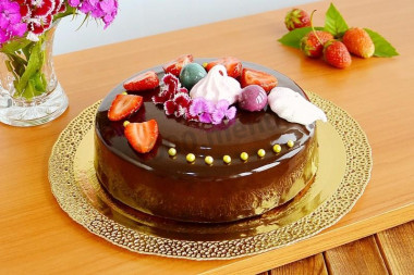 Mousse cake with mirror glaze and waffle cakes