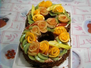 Figure 8 cake with cocoa and cottage cheese with fruit flowers