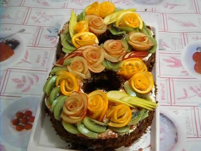 Figure 8 cake with cocoa and cottage cheese with fruit flowers