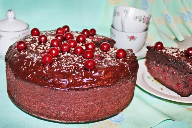 Drunken Cherry Chocolate Cake with cognac and coconut chips