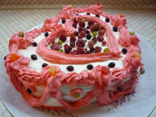 Cake with wild berries, colored sponge cake and cottage cheese cream