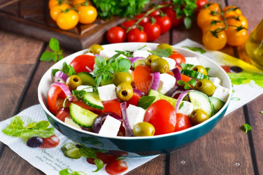 Greek salad with sirtaki cheese and tomatoes classic