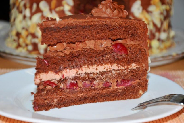 Cherry sponge Cake with cream and chocolate cream