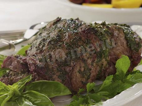 Baked lamb with mint sauce