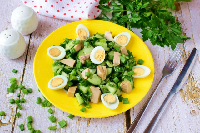 Cod liver salad with cucumbers and egg