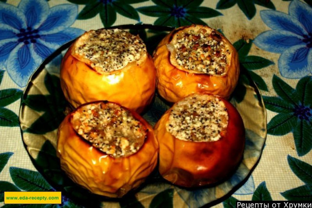 Baked apples with cottage cheese, poppy seeds and nuts in the oven