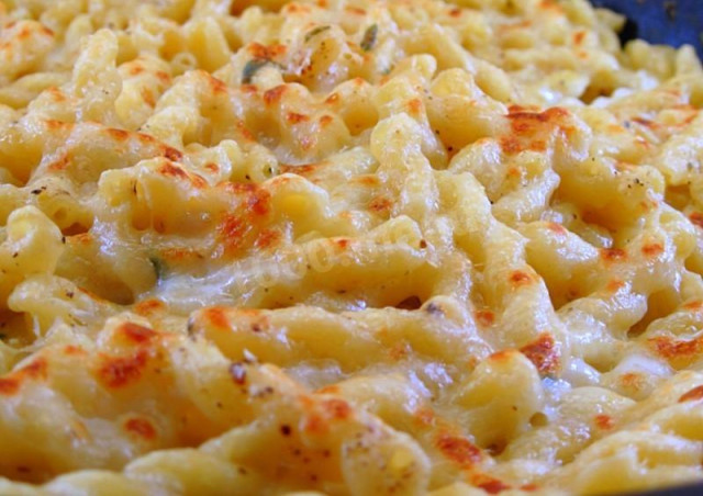 Simple macaroni casserole with hard cheese in the oven