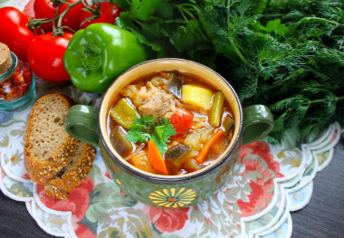 Soup with eggplant, tomatoes, pepper and green beans