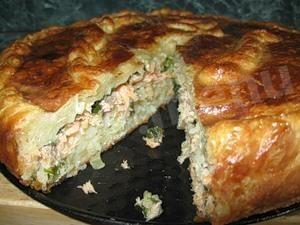 Saury pie on kefir with green onions and potatoes