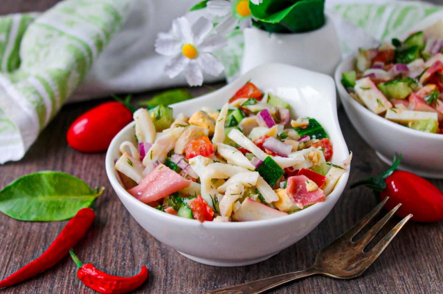 Canned squid salad with cucumbers and egg