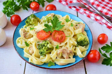 Pasta with broccoli in cream sauce with chicken
