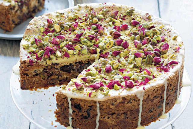 Cake with halva, dates, almonds and pistachios