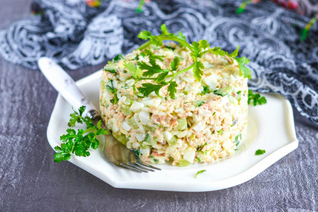 Salad with canned salmon, rice and egg