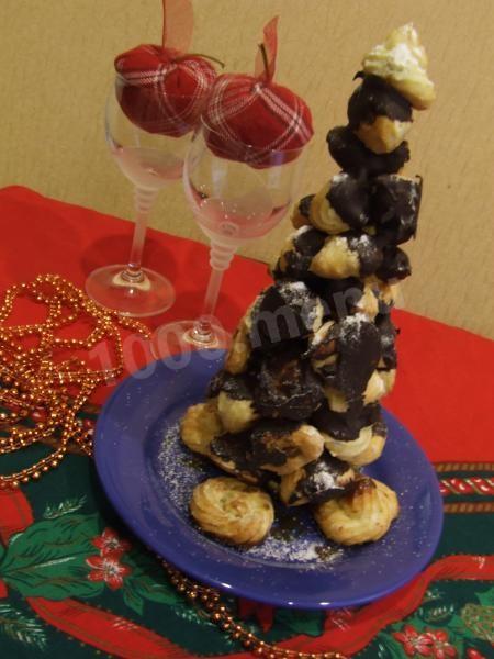 Chocolate Christmas tree made of profiteroles Croquembouche