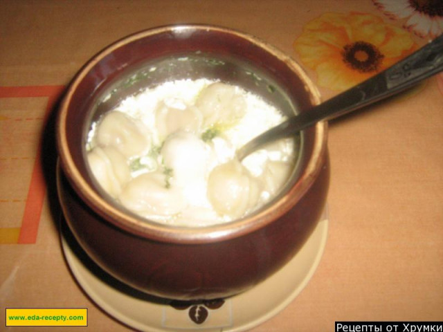 Dumplings in the microwave with mayonnaise, parsley and cheese