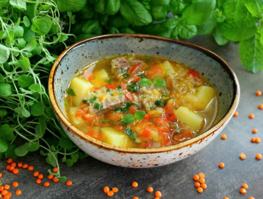 Lentil soup with meat and potatoes