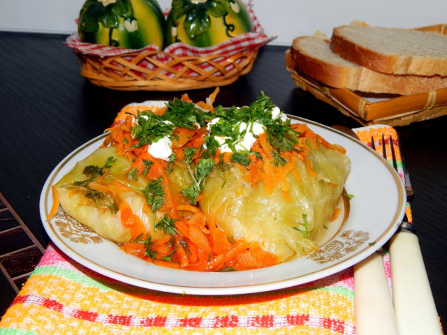 Cabbage rolls with cabbage and tomato paste in a slow cooker