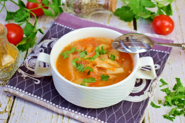 Cabbage soup with stewed fresh cabbage