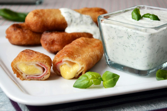 Crab sticks with cheese filling in beer batter