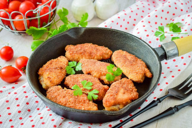 Crispy breaded chicken wings in a frying pan