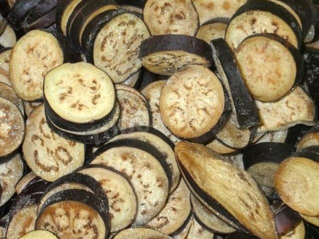 Frozen eggplant in the freezer